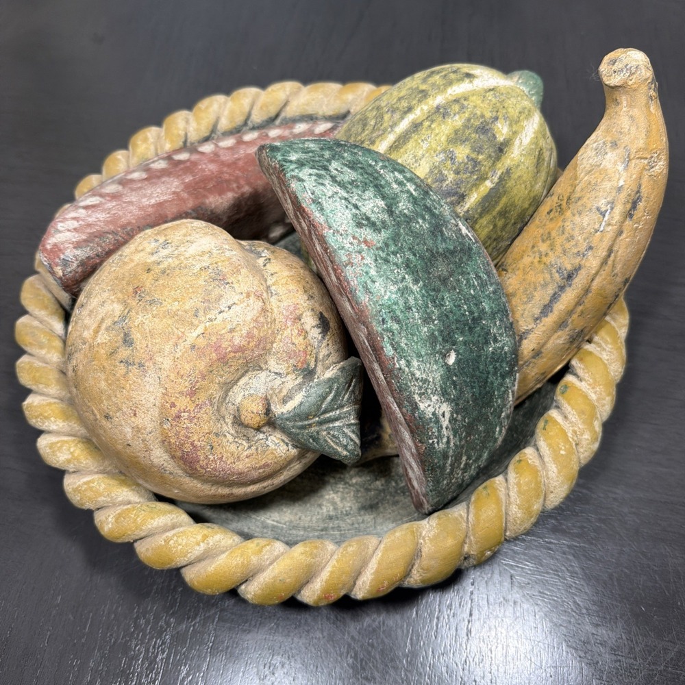 Vintage Large Mexican Handpainted Terracotta 6Pc Fruit Mix & Braided Bowl